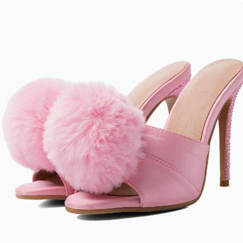 Slip Dress Satin - Roze satijnen ballenpompon hoge hak mules